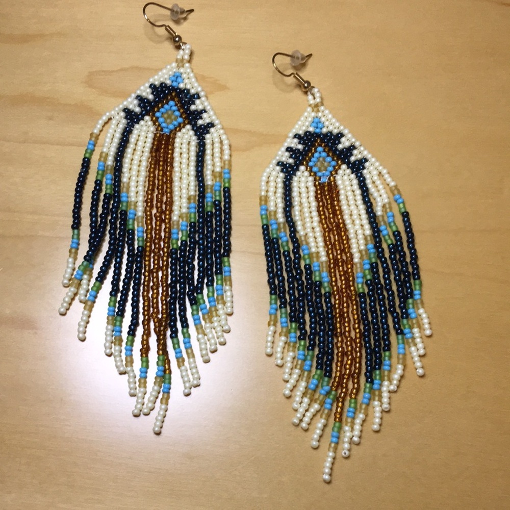 Western Motif Beaded Tassel Statement Earrings with Turquoise, White & Brown